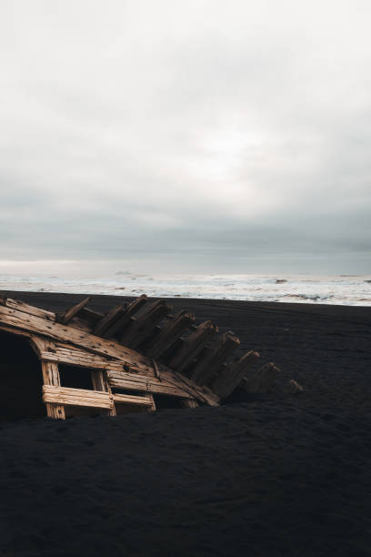 This atmospheric scene captures a weathered wooden shipwreck partially buried in the inky black sands of an Icelandic beach. The wreck’s curved structure juts dramatically out of the ground, offering a stark contrast to the dark, smooth sand surrounding it. A moody, overcast sky looms in the background, enhancing the sense of desolation and mystery. In the distance, the rough waves of the ocean crash against the shore, completing this haunting yet beautiful portrait of nature’s power and the passage of time.