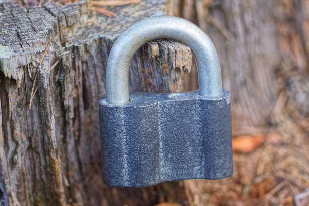 metal lock on a metal bridge, close up