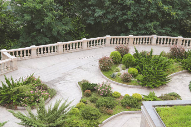istock Landscape design top view. Park with flower beds and paths. 2183741417