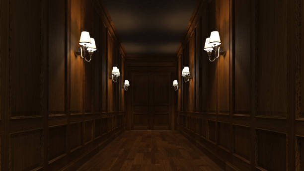 Ancient corridor with doors in an old house, castle, monastery. Vintage interior, classic style. 3d