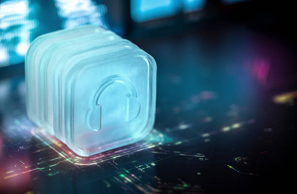 istock Futuristic Headphones Icon on Digital Glass Interface 2183747623