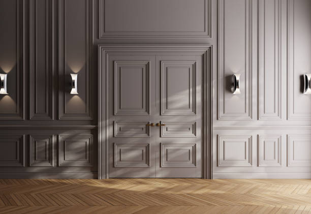 istock Neoclassical luxury empty room with white double doors. 2183747800
