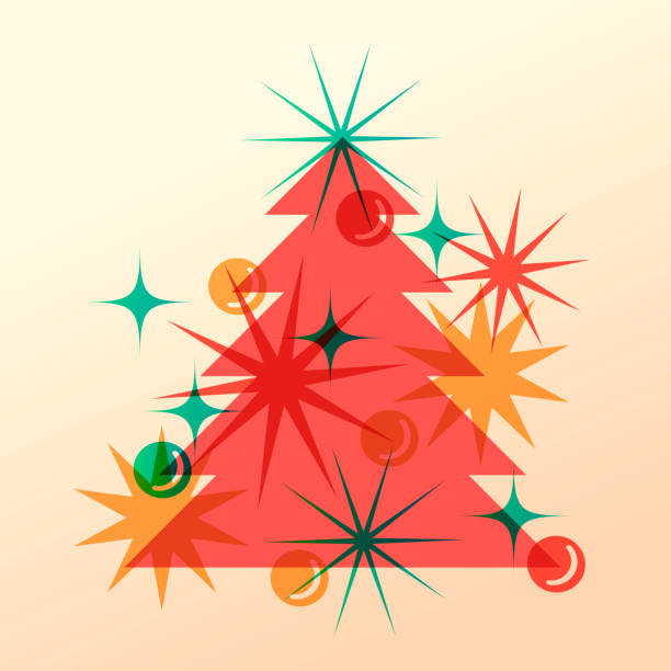 Red Christmas tree with stars in color overlay. Beautiful design element. Cute Christmas Card. Retro style. Vector illustration.