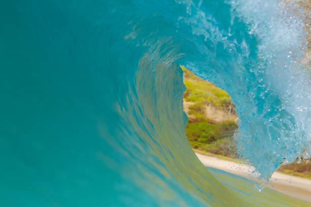 A wave rises like glass drawn from the depths, curling toward the lush cliffs that frame the distant shore. Sunlight filters through the turquoise arc, revealing the living green beyond — a world glimpsed through water’s shifting veil. In this brief alignment of sea and land, the island seems to breathe within the wave itself.