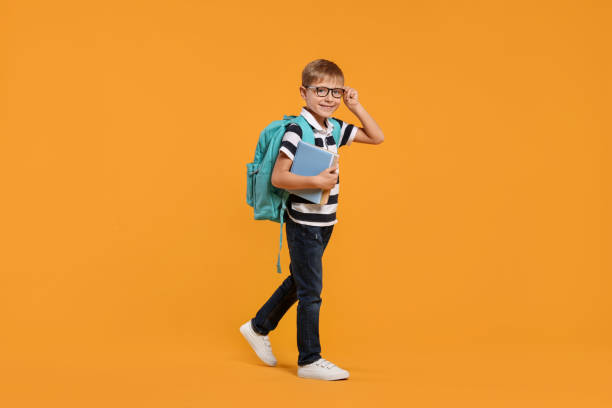 istock Happy schoolboy in glasses with backpack and books on orange background 2183761754