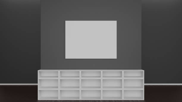istock Minimalist white bookshelf with blank frame on a gray wall 2183767329