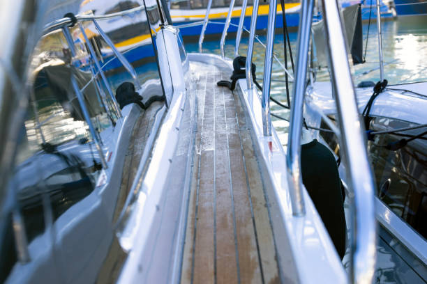 Closeup modern motorboat outdoor side area, background with copy space, full frame horizontal composition