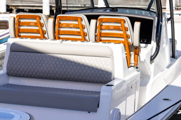 istock Inside of luxury motorbat with leather comfortable seats, background with copy space 2183775096