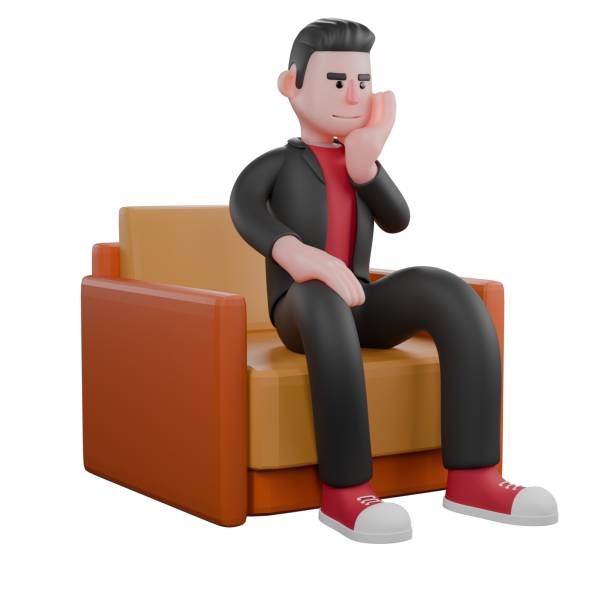 istock Choreographer 3D Model. A male choreographer sits on a sofa with his left palm on his chin and his right hand on his thigh. Cartoon Performance Artist 2183793859