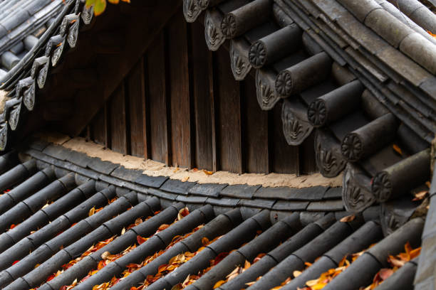 istock tile roof with the fallen leaves 2183795966