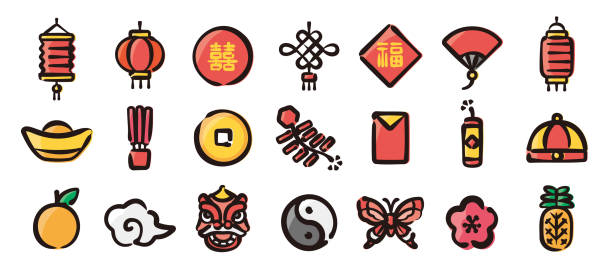 Chinese new year icon set for graphic (Hand-drawn line, colored version) These icons can be used for website decoration, advertisements, posters, publications, and other digital works, etc. mandarin chinese new year stock illustrations