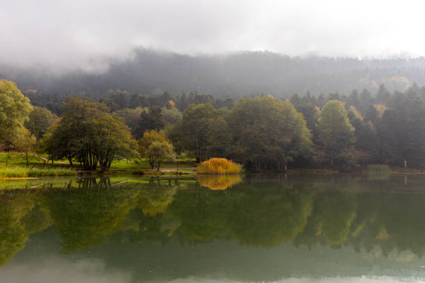 Bolu Golcuk Lake and famous house view with reflections.
