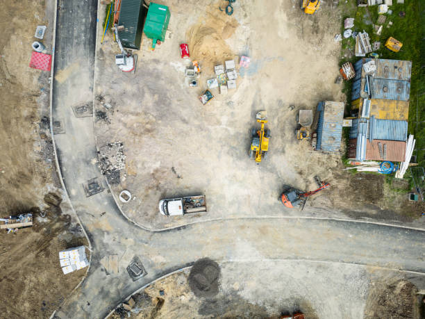 istock Drop top down view of a construction site and machinery seen on a new housing development in Britain. 2183857251