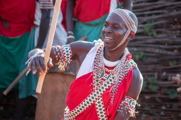 GISHORA DRUM SANCTUARY, BURUNDI- 2023/08/18: Abanyigisaka, Burundi drummers play and dance, performing their ritual sacred drum show