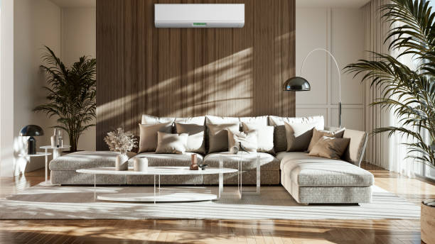 istock modern bright interiors room with air conditioning and remote control illustration 3D rendering 2183860868