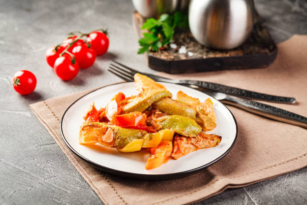 Dinner table with different dishes, set menu for nutritious healthy lunch in restaurant, business lunch
