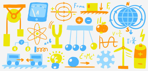 Cute science theme objects, icons, signs, symbols set Cute science physics theme with doodle atom, bulb, gravitation apple, electric tool, mechanics, magnet field, battery, ammeter, pendulum, wind mill, gear. School, science, education objects set lab ammeter stock illustrations