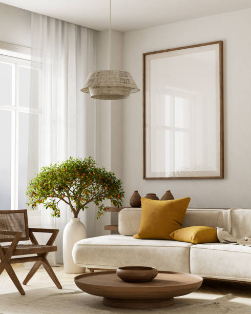 istock Mock up poster frame in boho style decorated livinig room. Modern, authentic Interior design of living room with wooden furnitures. 3D illustration 2183879838