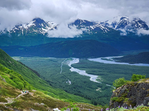 meadow and river in snow covered mountains