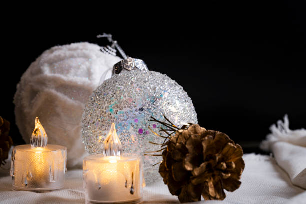 istock White iridescent and snowy christmas balls on black background 2183904297