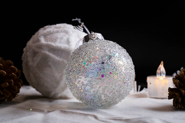 istock White iridescent and snowy christmas balls on black background 2183904299