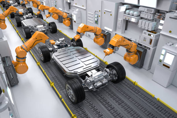 istock Robot assembly line with ev car battery on undercarriage platform 2183916074