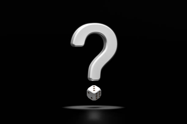 istock Metal question mark object with dice puzzle floating on the floor under a spotlight. Dark-black background. Gambling or Gambler, analysis and strategy. Object with clipping path. 3D Illustration. 2183920657