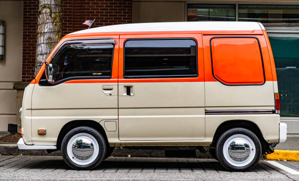 Seattle, USA - July 22, 2024: Volkswagen Transporter T2 Microbus car vehicle, side view. Vintage Volkswagen Transporter in street.