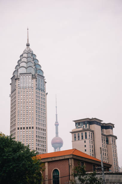 Details of commercial high-rise buildings under the blue sky
