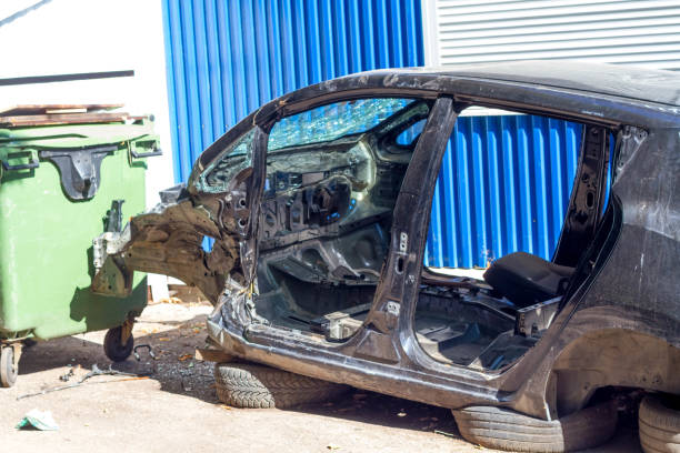 istock Burnt car. Electric car fire. Car after a fire. 2183943210