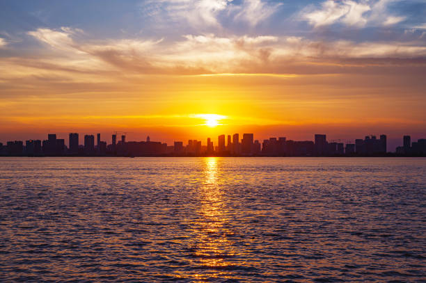 Dramatic sky and clouds with modern urban skyline during sunset