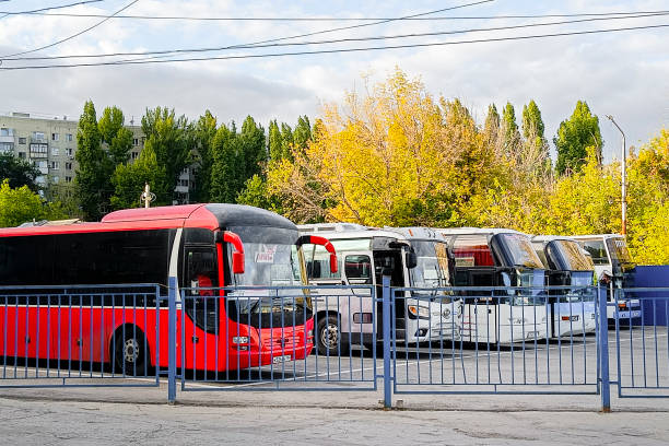 Saratov, RUSSIA - September 20, 2024: Intercity buses are parked in the parking lot.