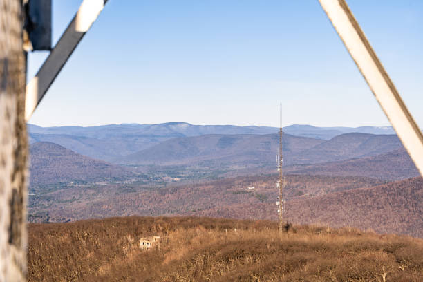 Vibrant autumn colors dominate this scenic view, highlighting a communication tower amidst trees and foliage. The distant forested hillside features a white building, contributing a contrast to the natural setting. Soft lighting and warm tones enhance the serene and contemplative atmosphere of the scene.