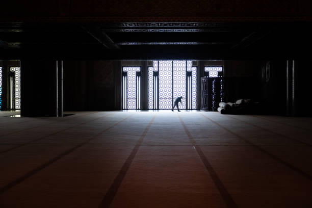 Casablanca, Morocco -march 25, 2024:Cleaning staff inside of the  famous Hassan Second Mosque during a rainy day
