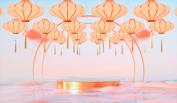 Abstract Chinese lantern background with a podium for product display. 3d rendering.
