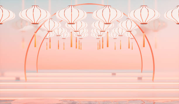 Abstract Chinese lantern background with a podium for product display. 3d rendering.