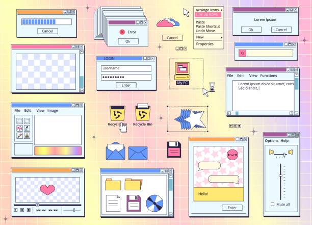 stockillustraties, clipart, cartoons en iconen met browser retro screens. vintage interface window web screen, pc 90s cyberspace website message folder tab programming hipster desktop 80s y2k internet kit classy vector illustration - millennium