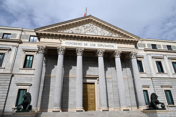 Madrid, Spain, october 6, 2024 : Congress of Deputies of the City of Madrid with two bronze lions adorning the entrance to the building