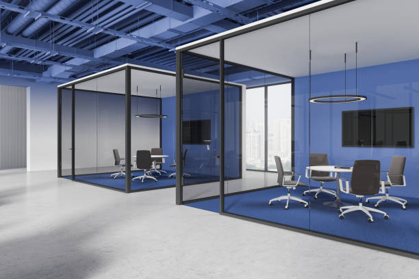 istock Colored office meeting room interior with tables and chairs, panoramic window 2183967995