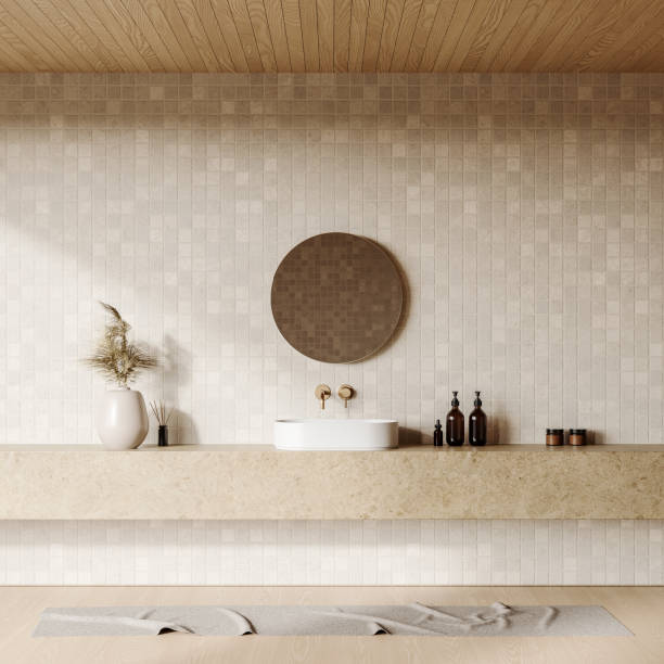 istock Minimalistic bathroom interior with round mirror and ceramic tiles. 3D Rendering 2183968046