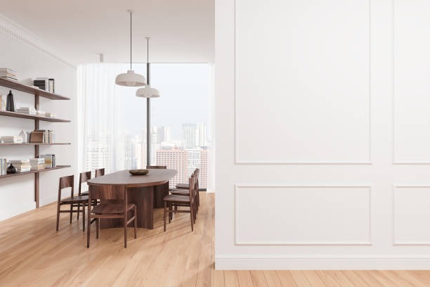 istock Light home living room interior with table and chairs, window. Empty wall 2183968167
