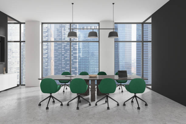 istock Stylish meeting interior with table and chairs, tv screen and panoramic window 2183968193