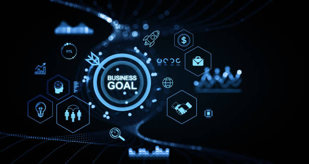 istock Business goal icons virtual hud screen, strategy and target audience 2183968343