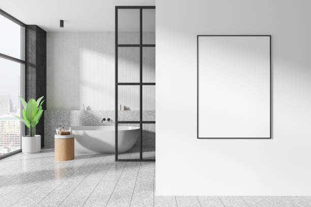 istock Home bathroom interior with bathtub, glass partition and window. Mockup frame 2183968376