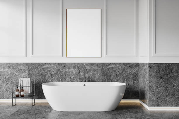 istock Blank poster mockup above bathtub in modern bathroom interior. 3D Rendering 2183968430