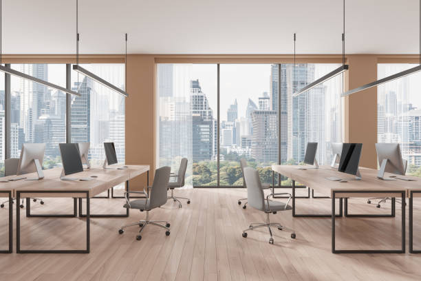 istock Modern Office Interior with City View and Workstations. 3D Rendering 2183968755