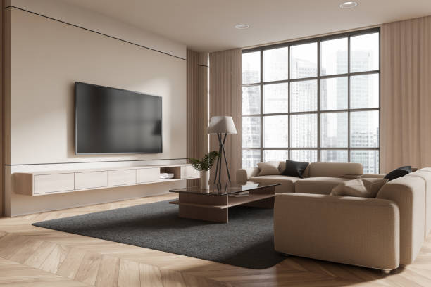 istock Modern living room with large window and TV on wall. 3D Rendering 2183968835