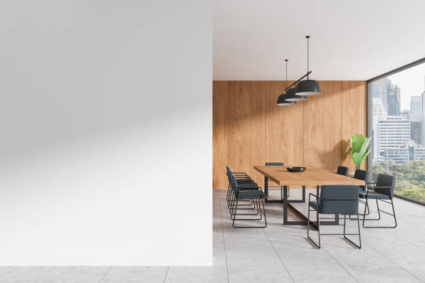 istock Home living room interior with eating table and chairs, window. Mockup wall 2183968896