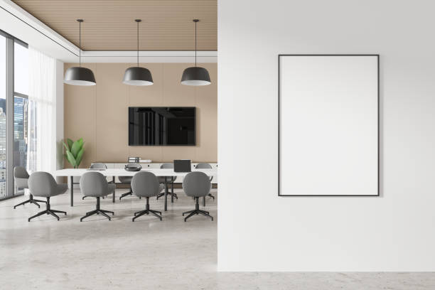 istock Blank poster mockup in modern office interior with conference table and chairs. 3D Rendering 2183969068