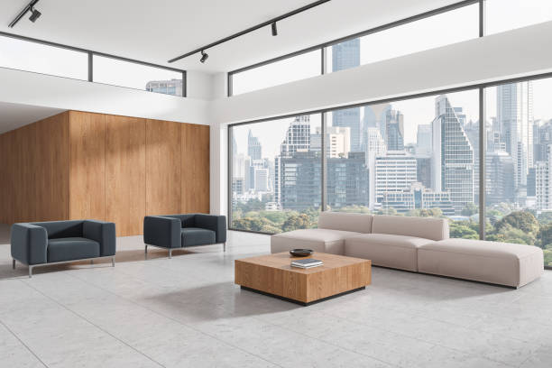 istock Minimalist home living room interior with couch and armchairs, panoramic window 2183969116